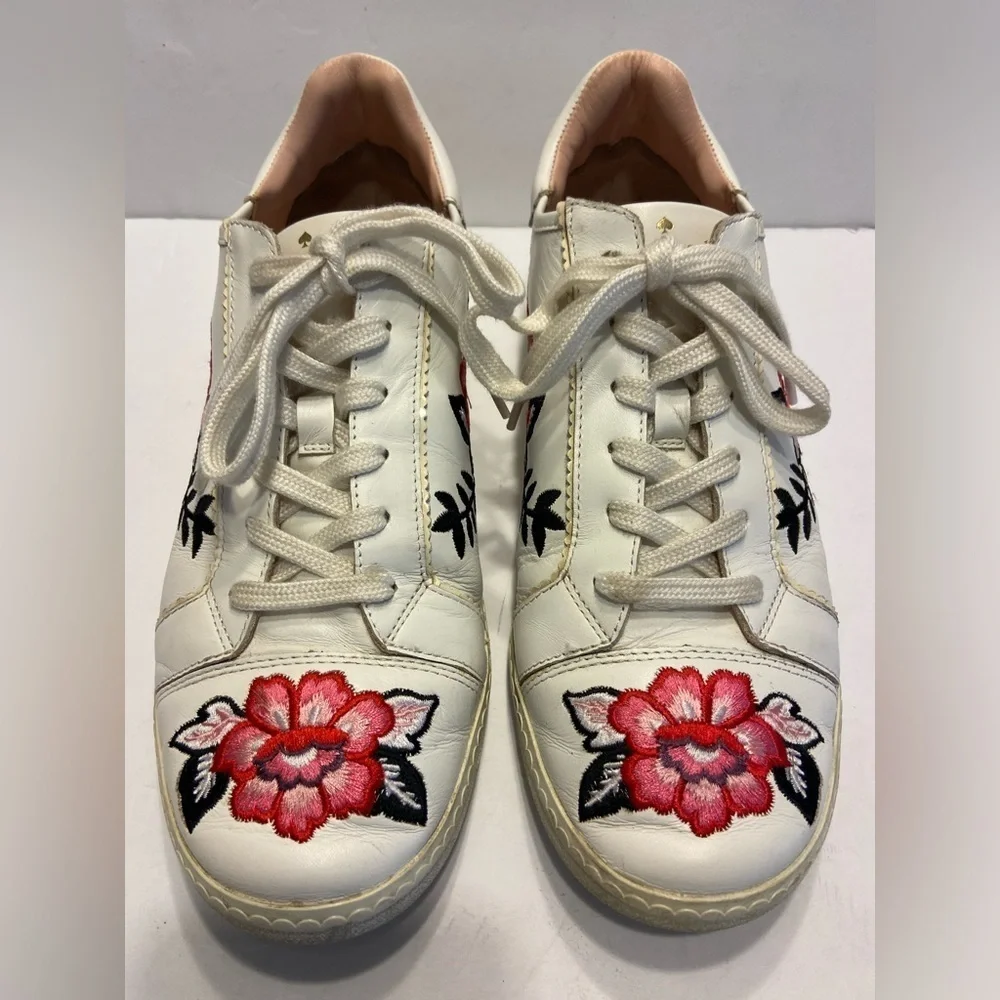 KATE SPADE EVERHART FLORAL LEATHER SHOES EMBROIDERED WHITE SNEAKERS SIZE 9.5